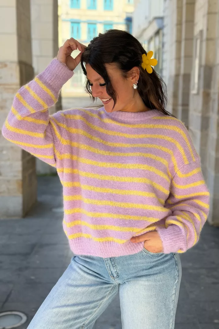 Pull raye Maud Lilas-jaune