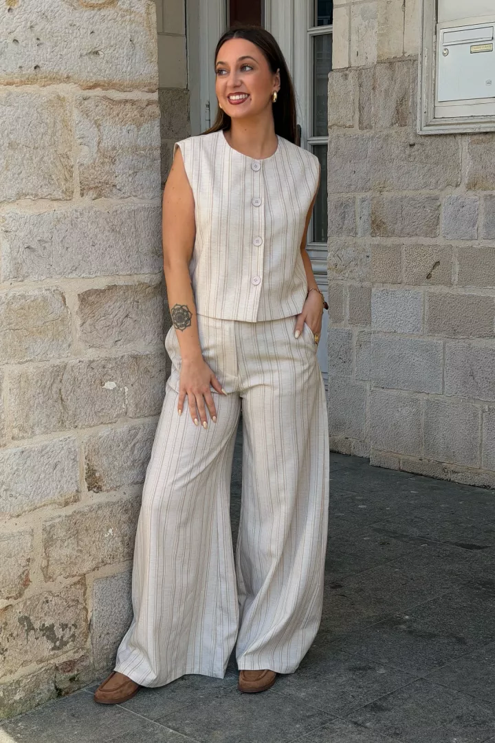 Gilet sans manches Lolie raye Beige